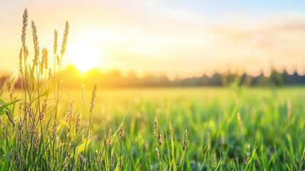Golden Sunset Illuminates Green Meadow with Grass and Blurred Forest Horizon creating Tranquil Summer Scene