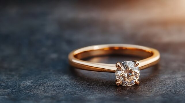 An exquisite diamond engagement ring set against a sleek surface, highlighting the ring's brilliance and the timeless elegance of its design in soft lighting.