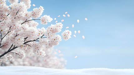 Cherry Blossoms On Snow Covered Branches Against A Light Blue Sky