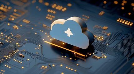 A stylized cloud icon sits atop a circuit board background