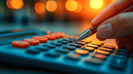 Fototapeta premium Calculator illuminated by soft lighting with a person writing on paper amidst nature during sunset
