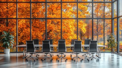Autumnal office conference room with large window showcasing vibrant fall foliage