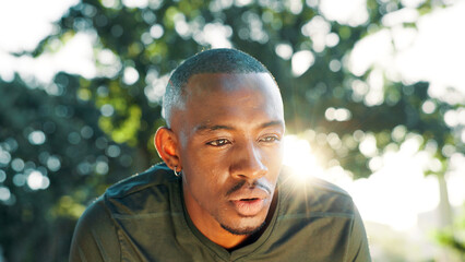Fitness, running and tired with black man outdoor for break or rest from cardio training and...