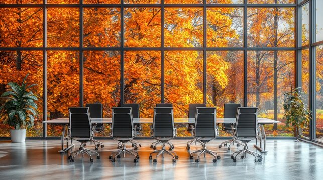 Fototapeta Autumnal office conference room with large window showcasing vibrant fall foliage