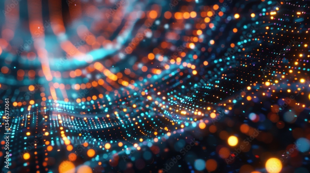 Poster abstract picture micro light sparkling particle represent data flow vivid flowing wave with high tec