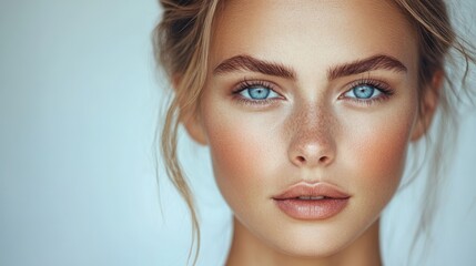 Naklejka premium Stunning Close-up Portrait of a Young Woman with Blue Eyes and Natural Makeup