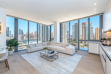 Modern city apartment with stunning panoramic views, featuring a spacious living area and contemporary decor.