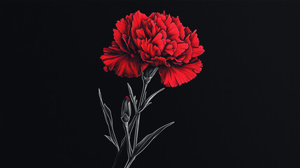 Single Red Carnation on a Dark Background, Symbolizing Love, Passion, and Solemn Remembrance.