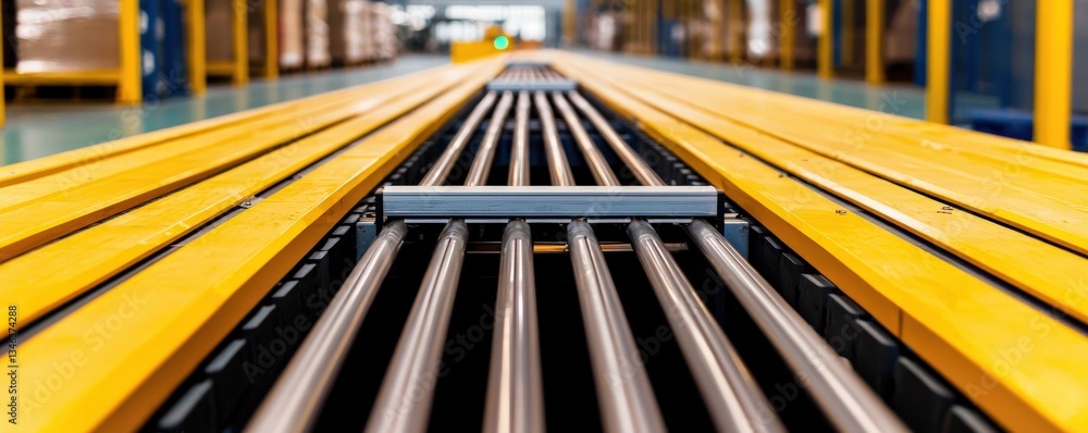 Poster utility tools optimization concept. industrial conveyor system with yellow and silver rails.