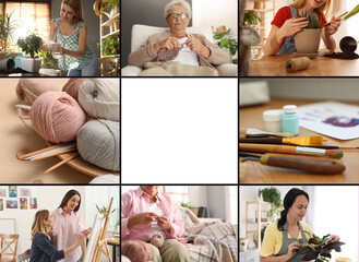 Hobby. Gardening, knitting and painting, collage with space for text