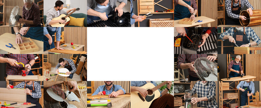Hobby. Collage with men involved in different activities and space for text. Banner design