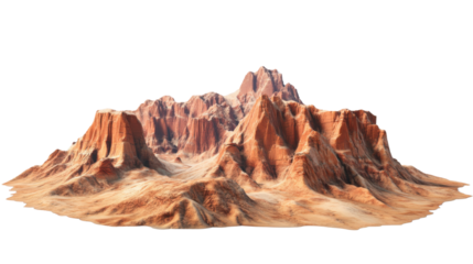 Orange rock formation rising from sandy desert on transparent background