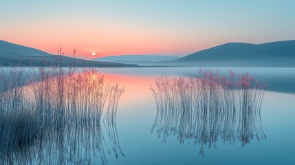 Fototapeta premium Serene sunrise over calm lake with misty mountains and reeds reflecting in still water.