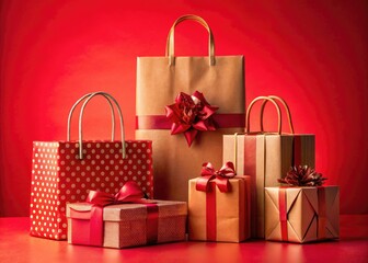 Red Background Gift Bags Shopping Photography: Stylish Paper Bags & Gift Boxes