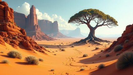 A solitary desert tree stands resilient against a backdrop of majestic sandstone formations, its roots firmly anchored in the sand, a winding path leading towards its shade.