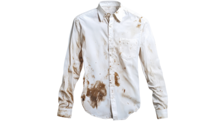 White shirt covered in mud stains on transparent background