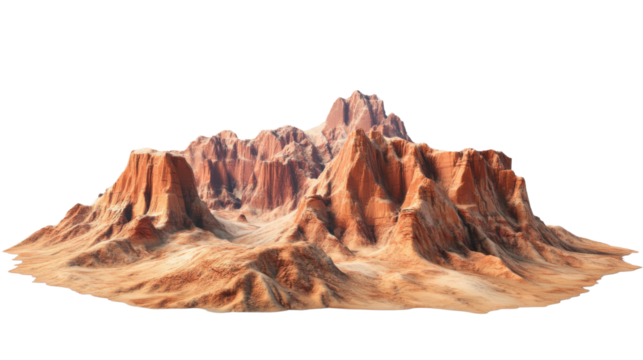Orange rock formation rising from sandy desert on transparent background