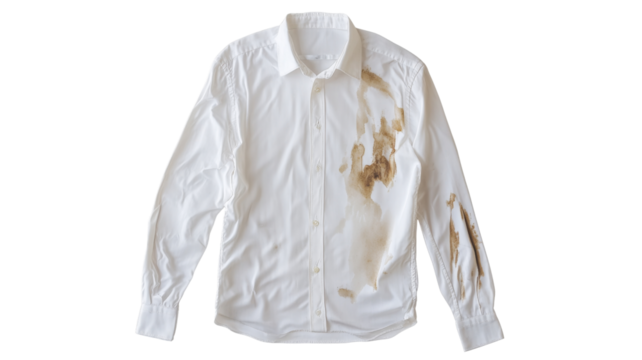 White shirt showing stains after eating on transparent background