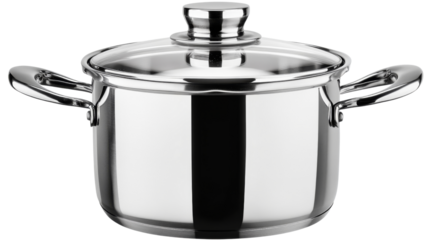 Stainless steel cooking pot with glass lid on transparent background