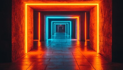 Futuristic Tunnel, Glowing Neon Lights, Perspective View, Vibrant Colors, High Resolution