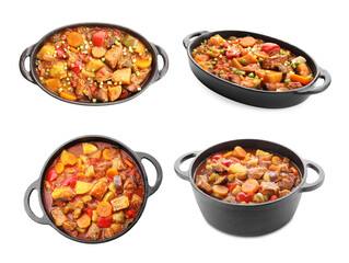 Different cooked stews isolated on white, set. Top and side view