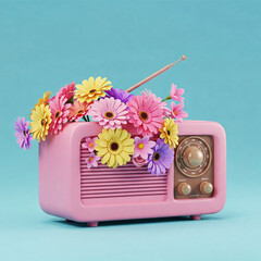 Obraz premium Pink retro radio. flowers like music from speaker