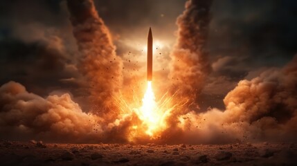 This powerful image captures a massive rocket launching with explosive force, creating a stunning cloud of fire and smoke, embodying the spirit of human exploration and innovation.