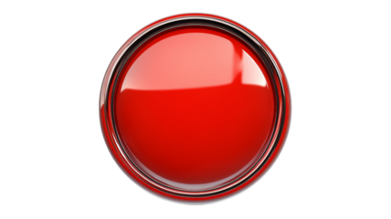 Shiny red button with metallic edge on transparent background