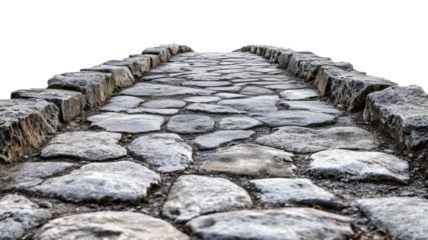 Stone paved road disappearing into the distance with transparent background