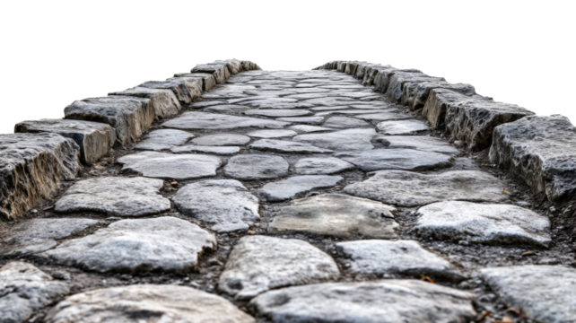 Stone paved road disappearing into the distance with transparent background