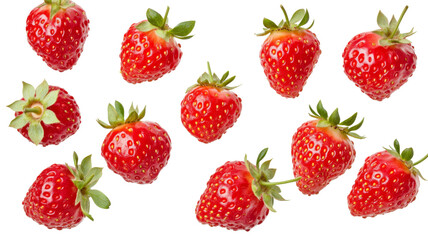 Ripe red strawberries falling on transparent background