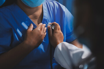Homecare nursing service and elderly people cardiology healthcare. Close up of young hispanic...