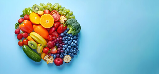 Vibrant Selection Of Fresh Fruits And Vegetables On A Soft Blue Background