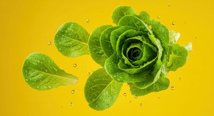 Obraz premium Fresh green lettuce with water droplets on vibrant yellow background