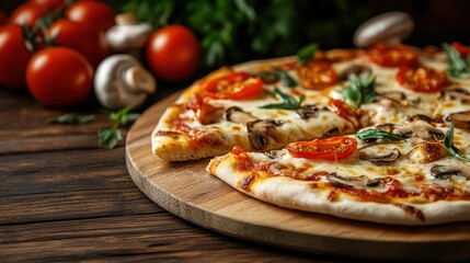 A stunning presentation of a pizza garnished with juicy tomatoes and fresh herbs, highlighting the tantalizing flavors and inviting appearance of this beloved dish.