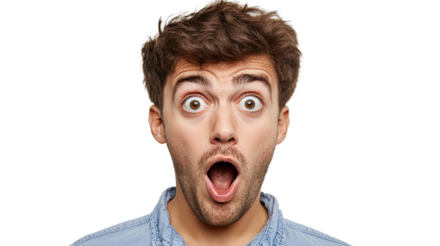 Shocked man opening mouth and showing surprise on transparent background