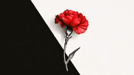 Single Red Carnation on a Black and White Background Representing Loss, Tribute, and Solemn Respect.