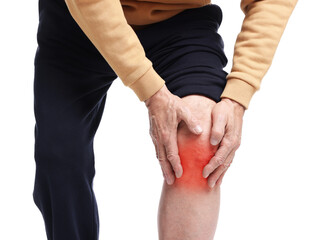 Senior man suffering from pain in knee on white background, closeup