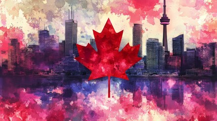 City Colorful Watercolor Perspective Canadian Flag
