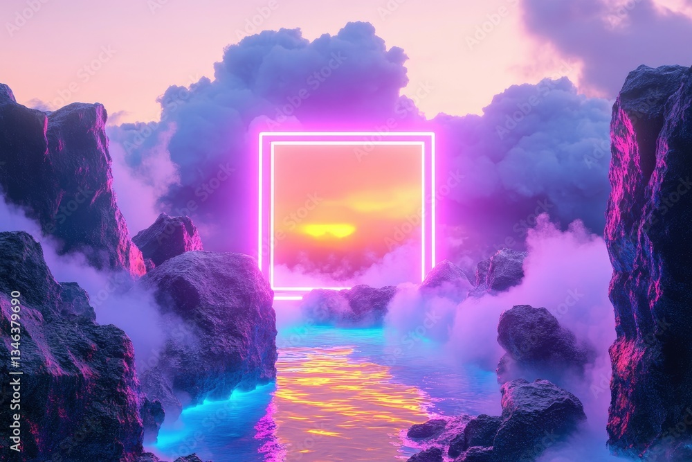 Poster a vibrant neon square portal reflects in the ocean. surrounded by dramatic rocky cliffs and colorful