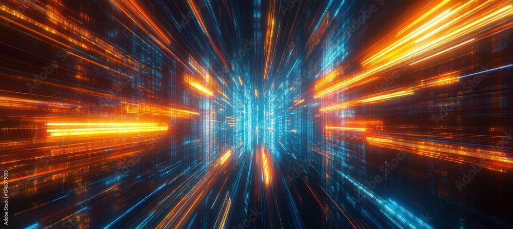 Poster abstract speed lights, orange and blue colored lines form a dynamic and futuristic tunnel background