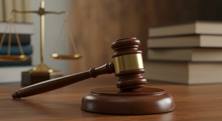 Wooden judge's gavel and scales of justice on a lawyer's desk in a courtroom setting