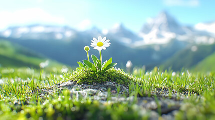 Close Up Of A Single White Daisy In Focus With Green Grass And Blurred Mountains In Background Under Blue Sky