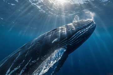 Naklejka premium Blue whale gracefully gliding through ocean depths, casting ripples of light in a tranquil underwater world, showcasing nature’s immense beauty and power