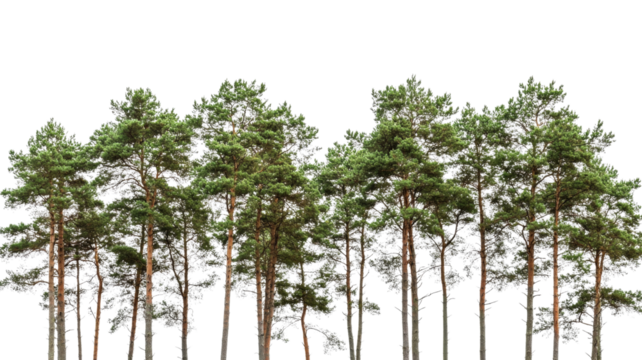 Row of evergreen pine trees isolated on transparent background