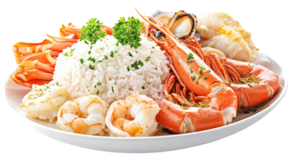Delicious seafood platter featuring shrimp, crab legs, and rice on transparent background