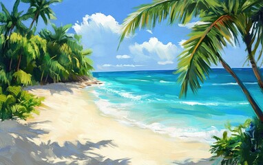 A serene tropical beach scene featuring golden sands, lush green palm trees, and a vibrant blue ocean under a clear sky with fluffy white clouds, ideal for relaxation and vacation imagery