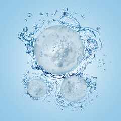 Drops of cosmetic serum and splashing water on light blue background