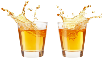 Two glasses of whiskey with splashing liquid on transparent background