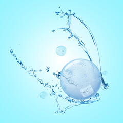 Drops of cosmetic serum and splashing water on light blue background
